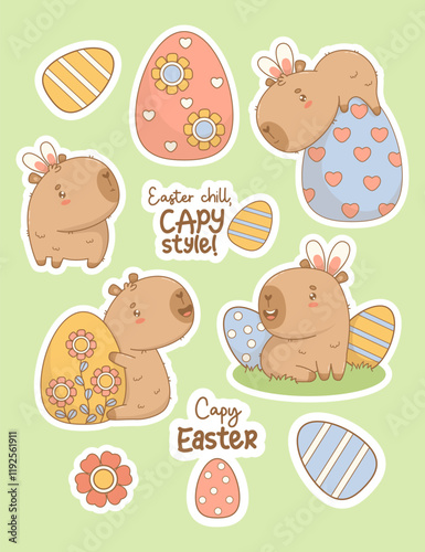 Easter Capybara stickers. Happy cartoon kawaii animal in bunny ears with decorative paschal egg and slogans congratulations. Vector illustration. Isolated Cute character and symbols for holiday design