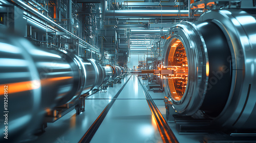 Futuristic industrial interior, glowing core, intricate pipes, metallic, cinematic lighting