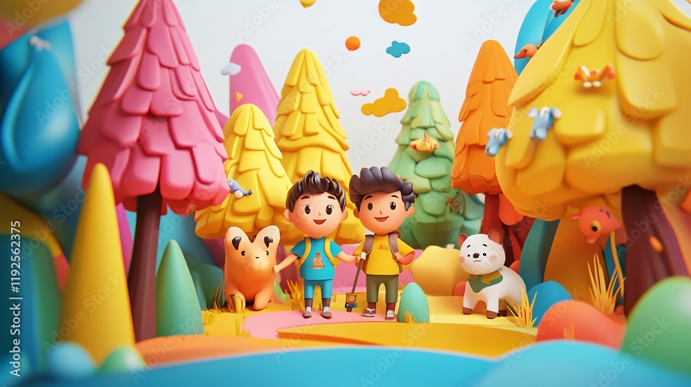 Obraz premium Colorful Animated Landscape with Children and Friendly Animals