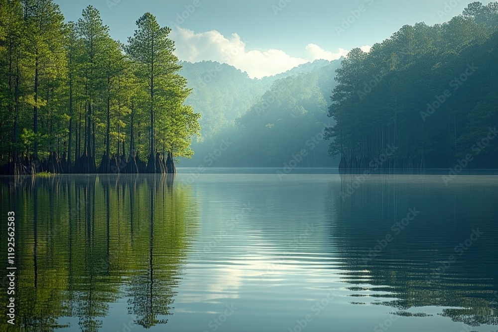 Fototapeta premium A serene lake scene on a sunny day surrounded by trees