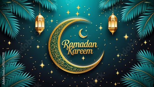 Luxurious Ramadan Kareem Illustration with Golden Crescent, Hanging Lanterns, and Tropical Palm Leaves on a Starry Teal Background photo