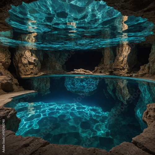 A crystal-clear underground pool reflecting the cavern ceiling.