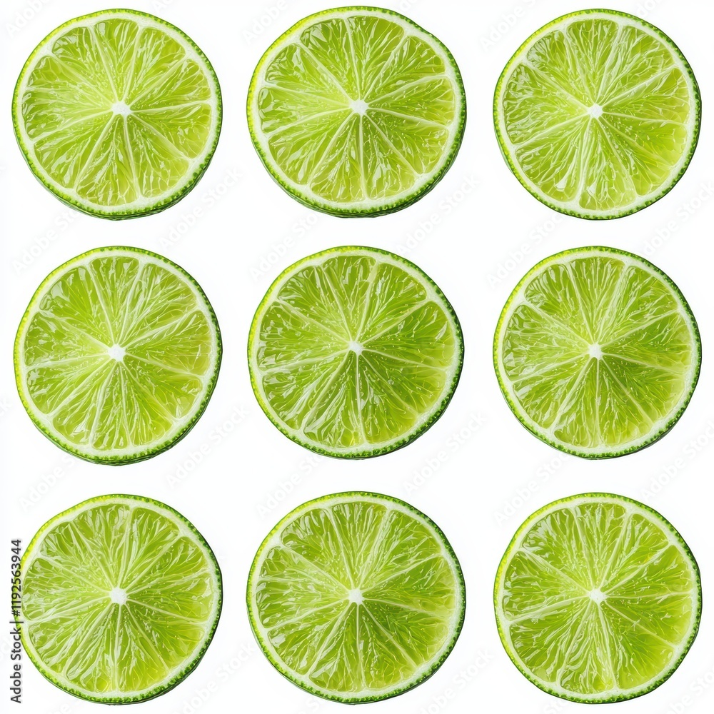 Fresh Lime Slices Arranged in a Nine-Piece Grid on White Background Fresh Lime Slices Arranged in a Nine-Piece Grid on White Background