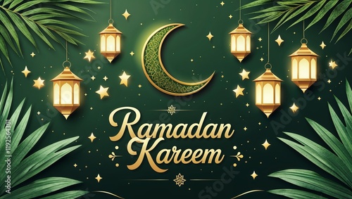 Elegant Green Ramadan Kareem Background with Golden Lanterns, Crescent Moon, and Tropical Palm Leaves photo