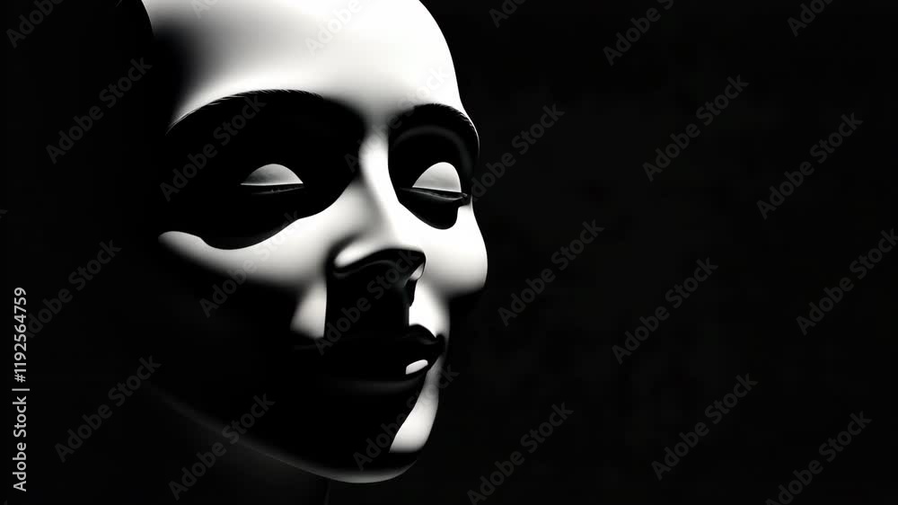 Serene Monochrome Sculpture of Human Face with Smooth Features and Closed Eyes Illuminated Against Dark Background