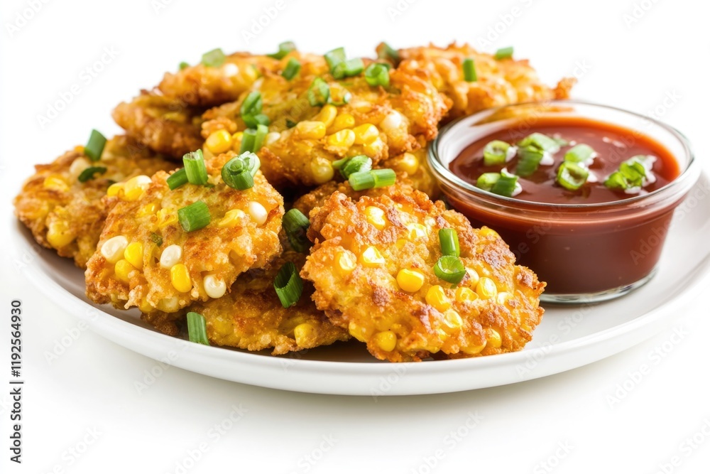 Delicious fried corn fritters served with a side of tangy ketchup, perfect for snacking or as a meal accompaniment Delicious fried corn fritters served with a side of tangy ketchup, perfect for snacking or as a meal accompaniment