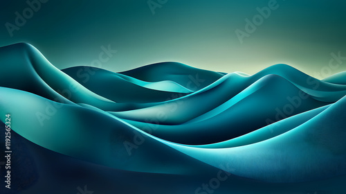 A futuristic abstract landscape with undulating waves in shades of teal and aqua, illuminated by soft, glowing highlights that suggest depth and motion 