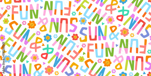 hand drawn rainbow pastels colorful sun and fun typo text seamless pattern