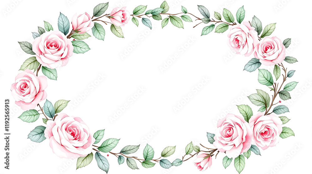 Oval frame of delicate pink roses and green leaves on a white background. Creates a soft, romantic border. Ideal for wedding stationery, invitations, or feminine designs. Oval frame of delicate pink roses and green leaves on a white background. Creates a soft, romantic border. Ideal for wedding stationery, invitations, or feminine designs.