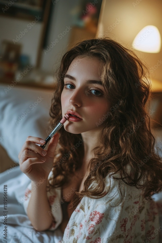 Fototapeta premium A woman sits on a bed with a lipstick in her mouth, getting ready for the day