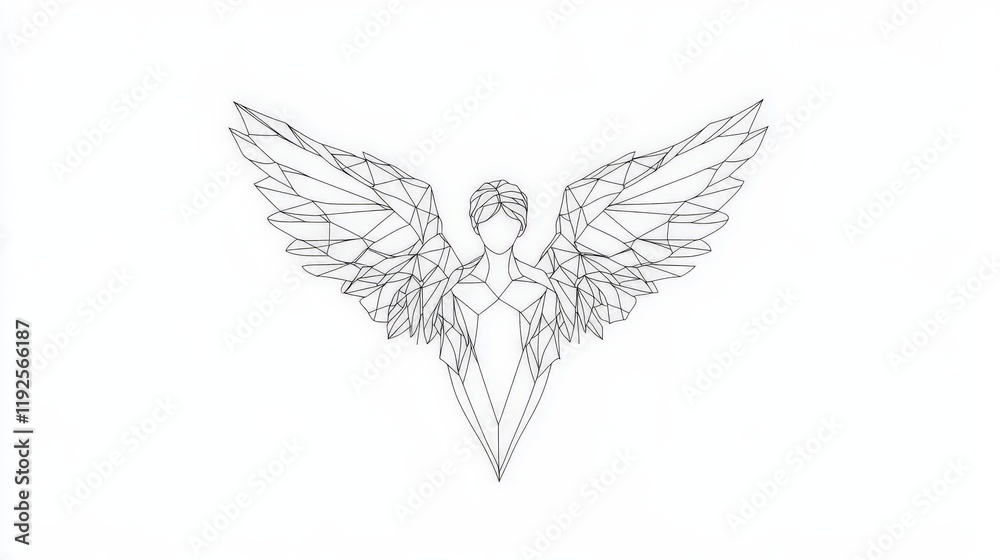 Obraz premium Intricate black and white sketch of a majestic angel with detailed wings and geometric accents, symbolizing balance, spirituality, and divine protection in an abstract artistic form
