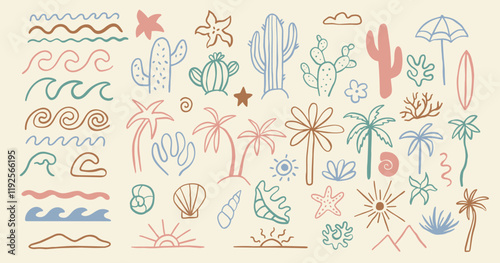 Groovy boho beach summer outline elements. Drawn palm tree and cactus. Abstract minimal sea and sun in trendy retro naive simple style.