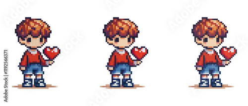 Pixel art of a character with short brown hair, wearing a red sweater, blue shorts, and white sneakers, holding a red heart on a white background.