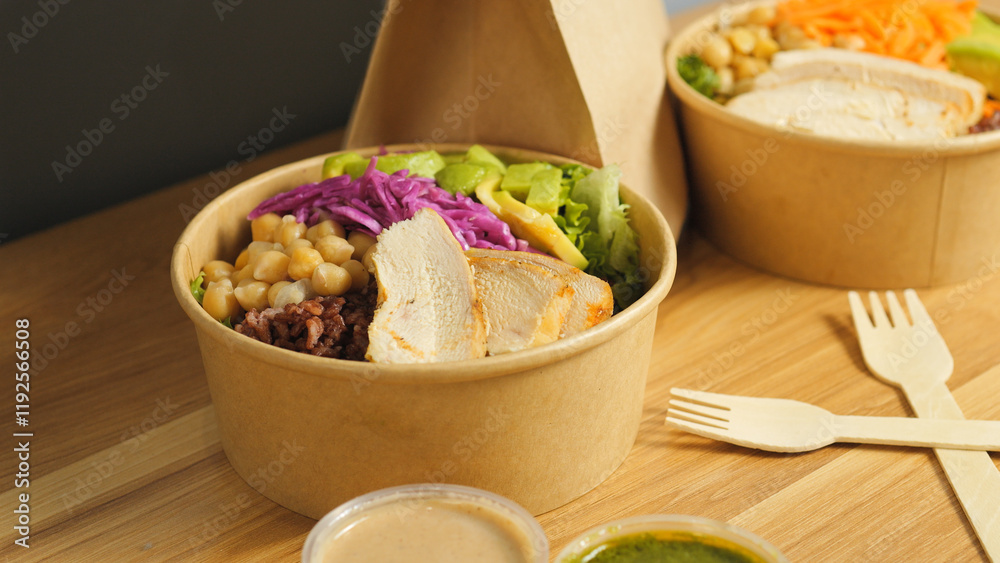 Nutritious buddha bowls featuring grilled chicken, chickpeas, red cabbage, avocado, brown rice, and lettuce on wooden background, representing balanced eating Nutritious buddha bowls featuring grilled chicken, chickpeas, red cabbage, avocado, brown rice, and lettuce on wooden background, representing balanced eating