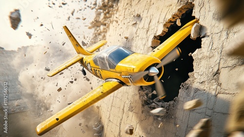 Yellow propeller plane breaking through a concrete wall, dust and debris flying. photo