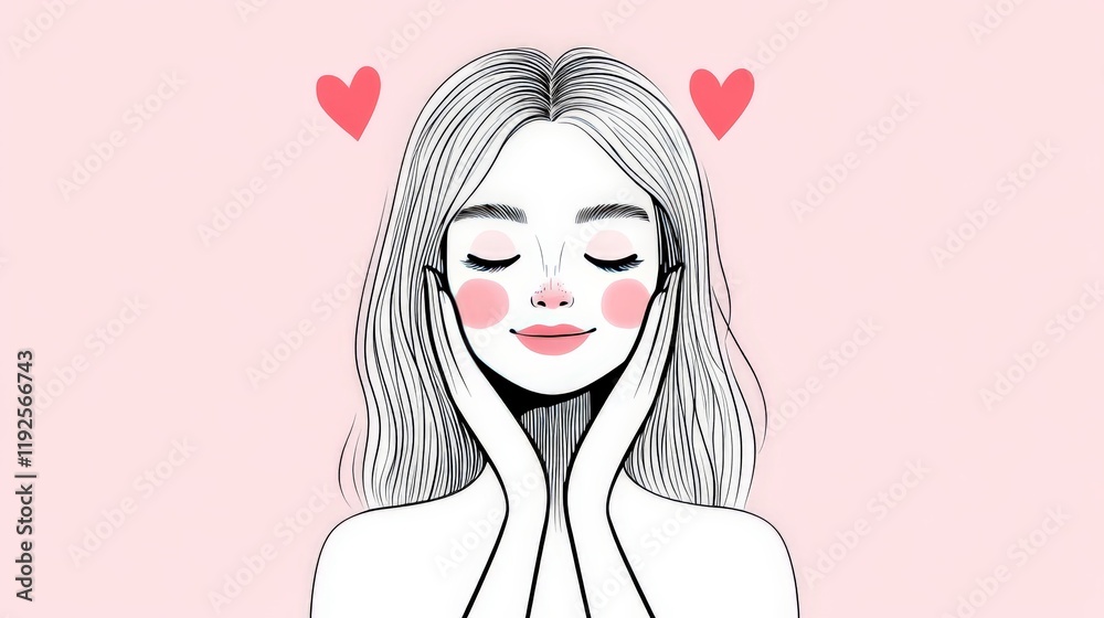Whimsical black and white portrait of a meditative woman with hearts floating above her head, featuring a pink background and fine hand drawn details for a romantic and peaceful visual style Whimsical black and white portrait of a meditative woman with hearts floating above her head, featuring a pink background and fine hand drawn details for a romantic and peaceful visual style