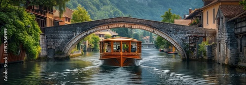 Scenic view of a boat gliding under a charming bridge, surrounded by lush greenery and picturesque architecture.