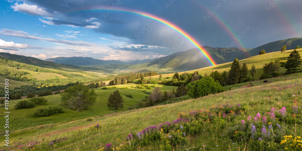 Obraz premium A Captivating Rainbow Gracefully Arching Over a Picturesque Scene