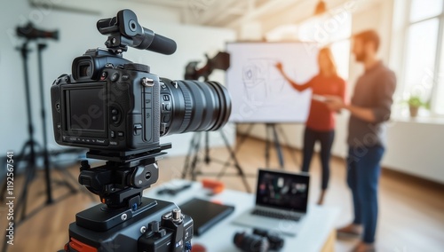 Professional Videography Gear in a Media Studio with Creative Professionals in Background