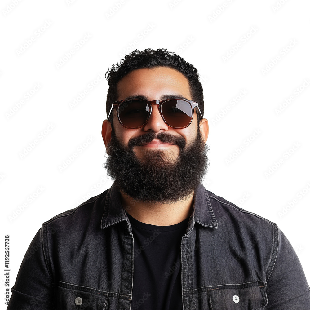 Obraz premium Friendly Hispanic man with beard and sunglasses isolated on transparent background