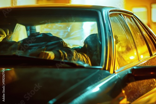 A man sitting in the passenger seat of a car, ideal for use in travel or transportation themed projects photo