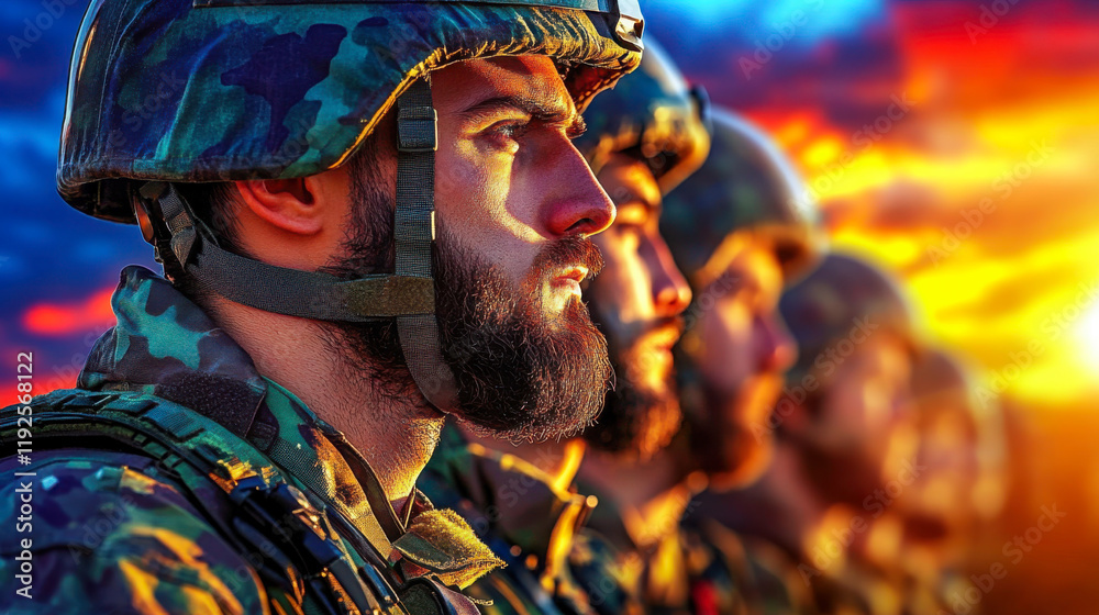 Soldiers standing in formation during a vivid sunset showcasing determination and unity Soldiers standing in formation during a vivid sunset showcasing determination and unity