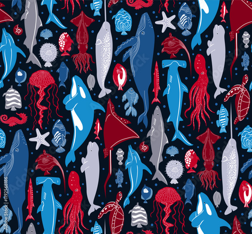 deep sea ocean mammals creatures and fish marine life nautical seamless pattern, vector illustration repeat design in red blue grey navy on dark background