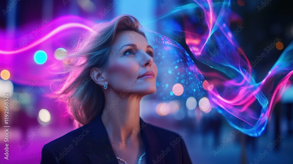 Captivating Portrait of a Businesswoman Immersed in Abstract Energy Waves Amid a Cityscape Captivating Portrait of a Businesswoman Immersed in Abstract Energy Waves Amid a Cityscape