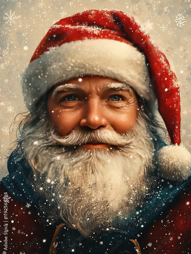 Smiling Santa in snowy backdrop, festive portrait for holiday card Smiling Santa in snowy backdrop, festive portrait for holiday card