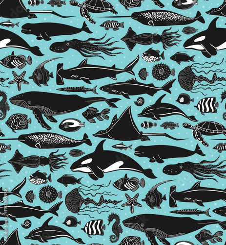 deep sea ocean mammals creatures and fish marine life nautical seamless pattern, vector illustration repeat design in black turquoise teal and white