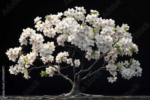 Stunning bonsai with delicate white flowers, showcasing nature's beauty and tranquility in a serene arrangement.