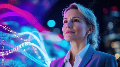 Confident Businesswoman Posed Against Abstract Digital Wave Background in Vibrant Evening Lights
