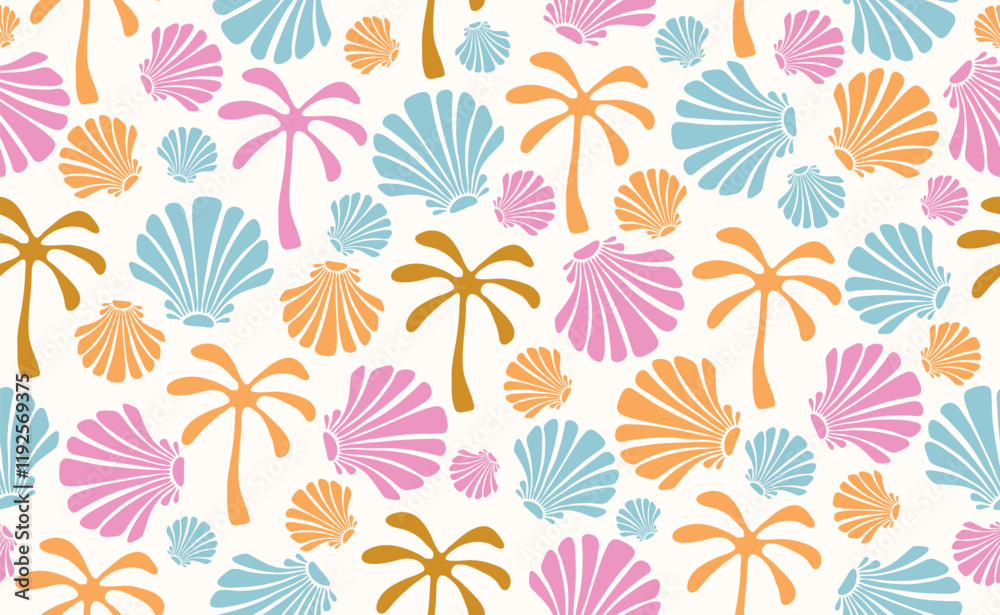 Seamless pattern in trendy Boho style. Naive Geometric Summer shape. Tropical simple paradise background. Hand Drawn Summer Beach. Bohemian Surf Club design. Isolated Vector illustration.