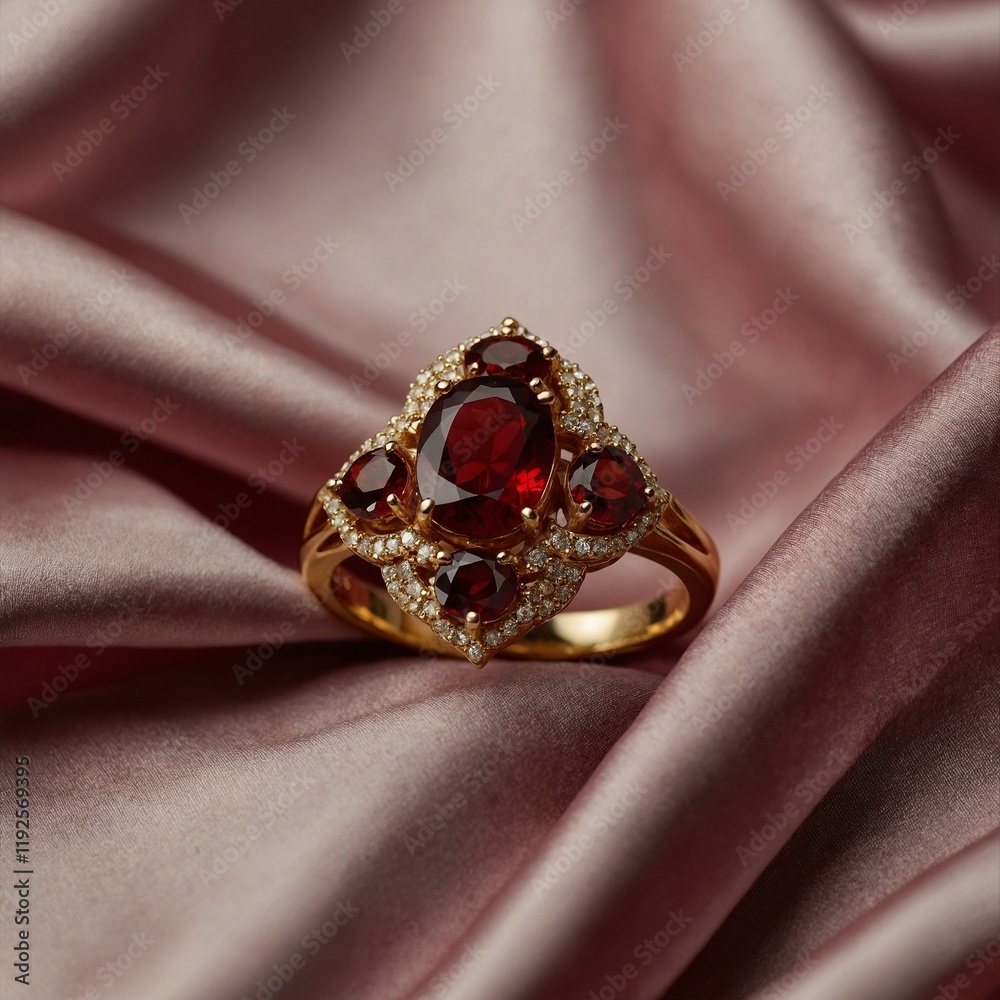 Fototapeta premium A gold ring adorned with red garnets, showcased against a silk fabric background.