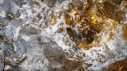 A surreal abstract image of liquid textures in shimmering silver and gold tones, blending and swirling together like molten metal in motion  photo