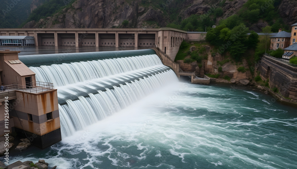 Hydroelectric dam generating green energy from flowing water, studio photography, with white tones Hydroelectric dam generating green energy from flowing water, studio photography, with white tones