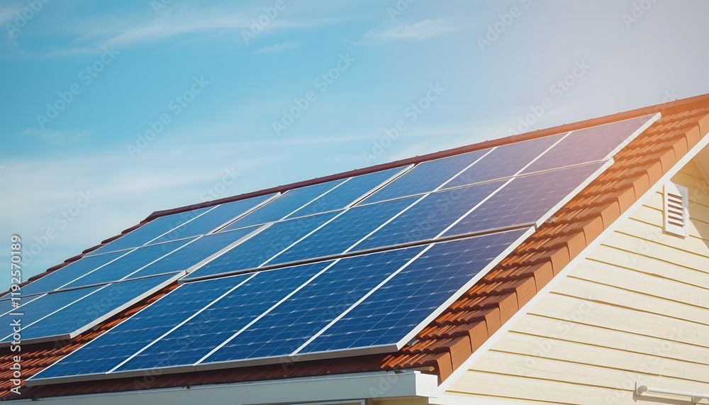 Fototapeta premium Solar panels on the roof of a private house on blue sky background, smooth light, with white tones