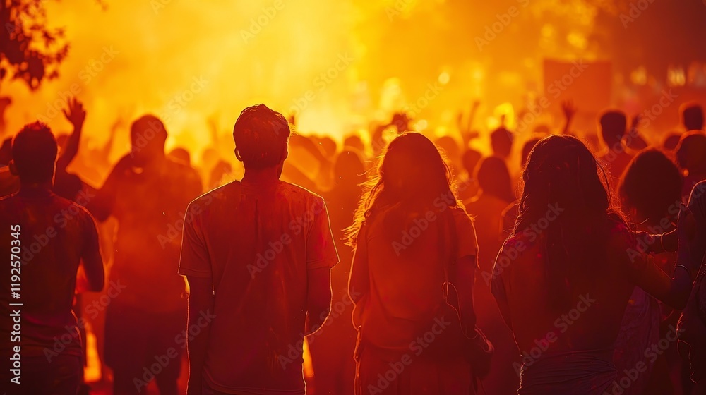 Fototapeta premium Joyful Holi Celebration at Sunrise with Warm Glow and Silhouettes of People
