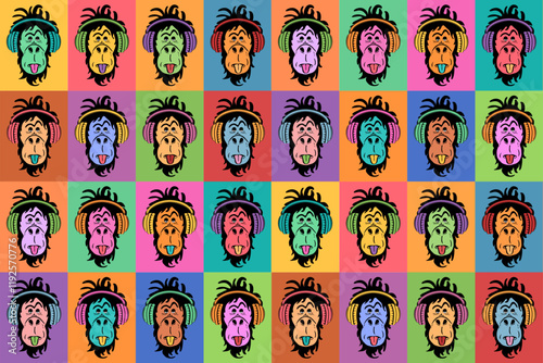 monkey dj pop art colorful rainbow checkered seamless pattern