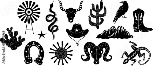 wild west cowboy cowgirl western stuff in  black and white vector illustration block print style graphic set