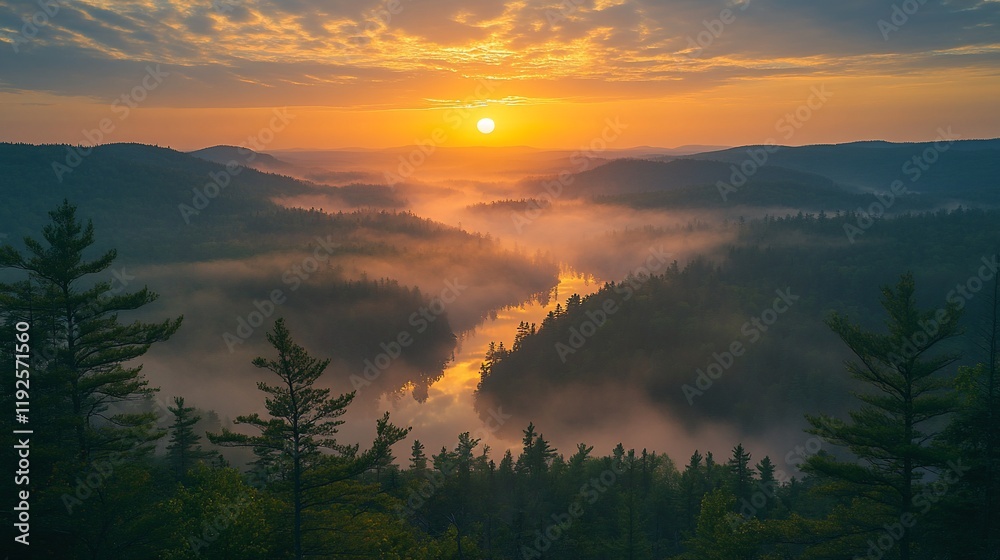 Obraz premium Sunrise over misty river valley, serene landscape, nature photography, ideal for travel brochures
