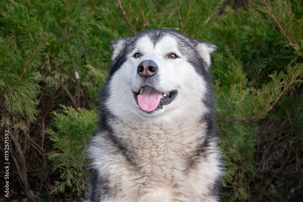A cheerful Alaskan Malamute is captured sitting in front of green shrubs, showcasing its fluffy fur and playful demeanor A cheerful Alaskan Malamute is captured sitting in front of green shrubs, showcasing its fluffy fur and playful demeanor