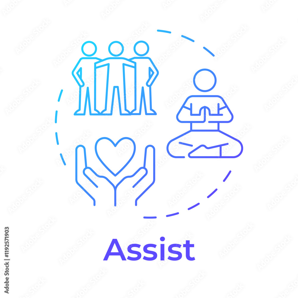 Assist blue gradient concept icon. Healthy lifestyle. Friendship, relationship. Meditation, healthcare. Round shape line illustration. Abstract idea. Graphic design. Easy to use in infographic Assist blue gradient concept icon. Healthy lifestyle. Friendship, relationship. Meditation, healthcare. Round shape line illustration. Abstract idea. Graphic design. Easy to use in infographic