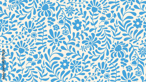 flowing trailing climbing paper cut out style abstract blooms flowers and foliage seamless pattern in delicate soft blue and off white