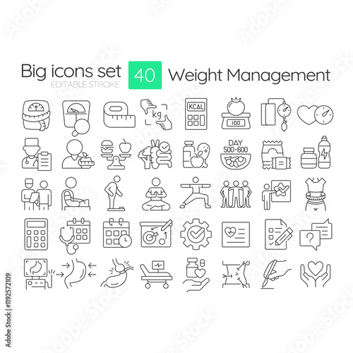 Weight management linear icons set. Healthy food. Nutrition, diet. Health care. Medicine, pharmacy. Customizable thin line symbols. Isolated vector outline illustrations. Editable stroke