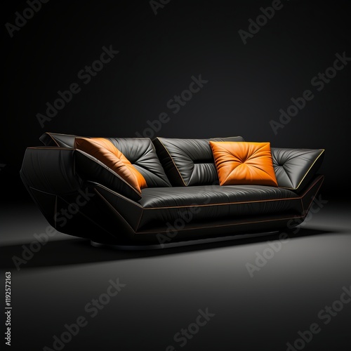 Stylish black leather sofa with orange pillows, perfect for modern living rooms and contemporary spaces.