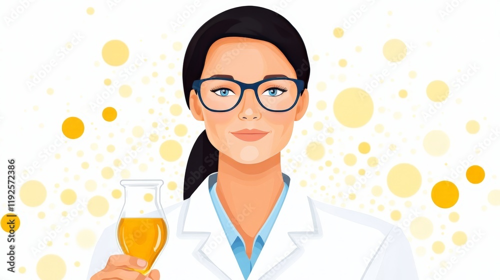 Female scientist holding a beaker in a vibrant and innovative design with dynamic elements and golden hues symbolizing knowledge, science, and modern research Female scientist holding a beaker in a vibrant and innovative design with dynamic elements and golden hues symbolizing knowledge, science, and modern research