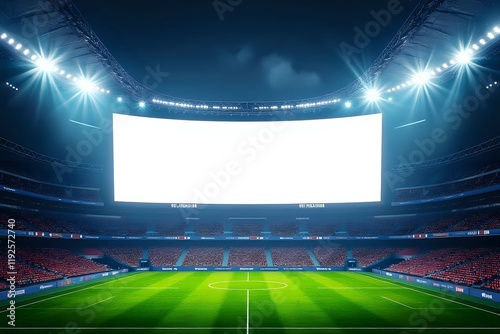 Large blank LED screen in football stadium with empty seats. Scoreboard for sport matches with copy space