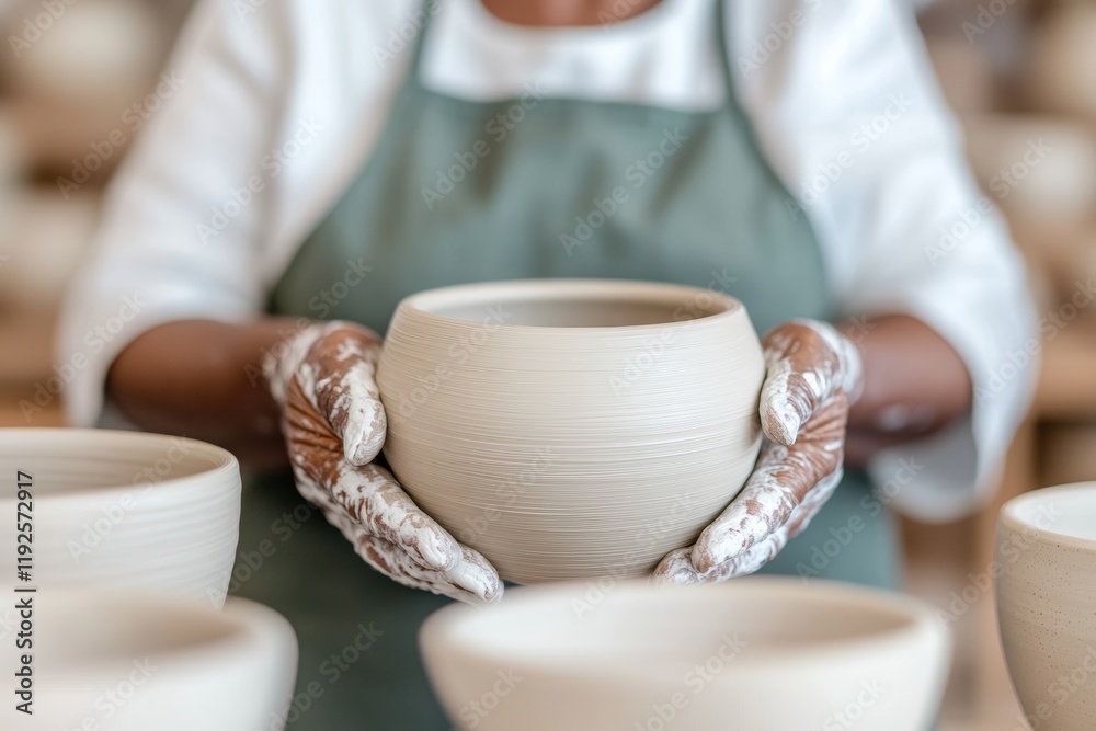 Artisan Crafting Hands Shaping a Clay Bowl in a Pottery Workshop Artisan Crafting Hands Shaping a Clay Bowl in a Pottery Workshop