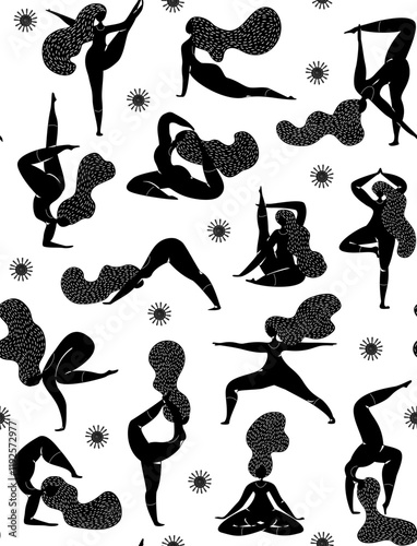 black and white  yoga workout seamless pattern, vector illustration repeat design print